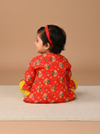 Red 3/4 Sleeves Lehriya Printed Kurti with Yellow Dhoti