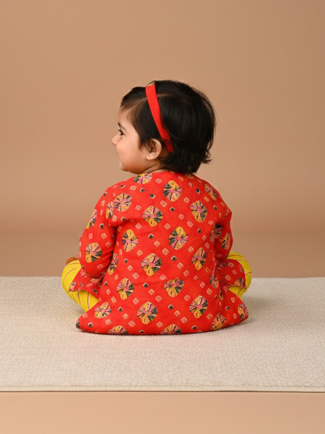 Red 3/4 Sleeves Lehriya Printed Kurti with Yellow Dhoti