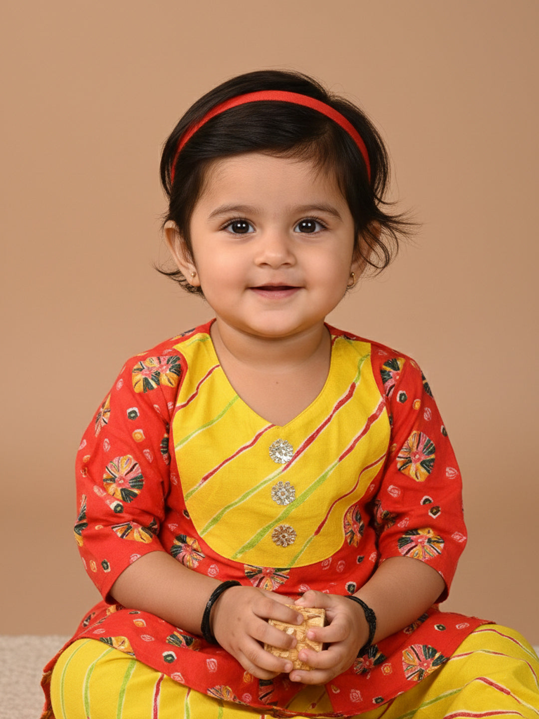 Red 3/4 Sleeves Lehriya Printed Kurti with Yellow Dhoti