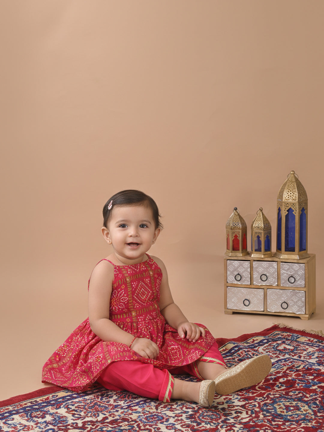 Pink Sleeveless  Bandhani Designed Kurta With Dhoti Set
