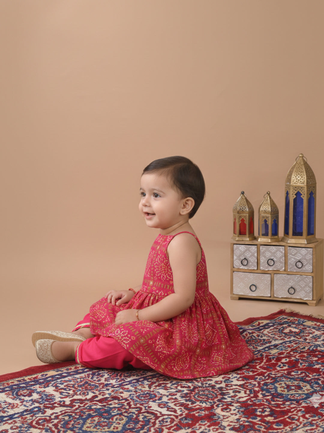 Pink Sleeveless  Bandhani Designed Kurta With Dhoti Set