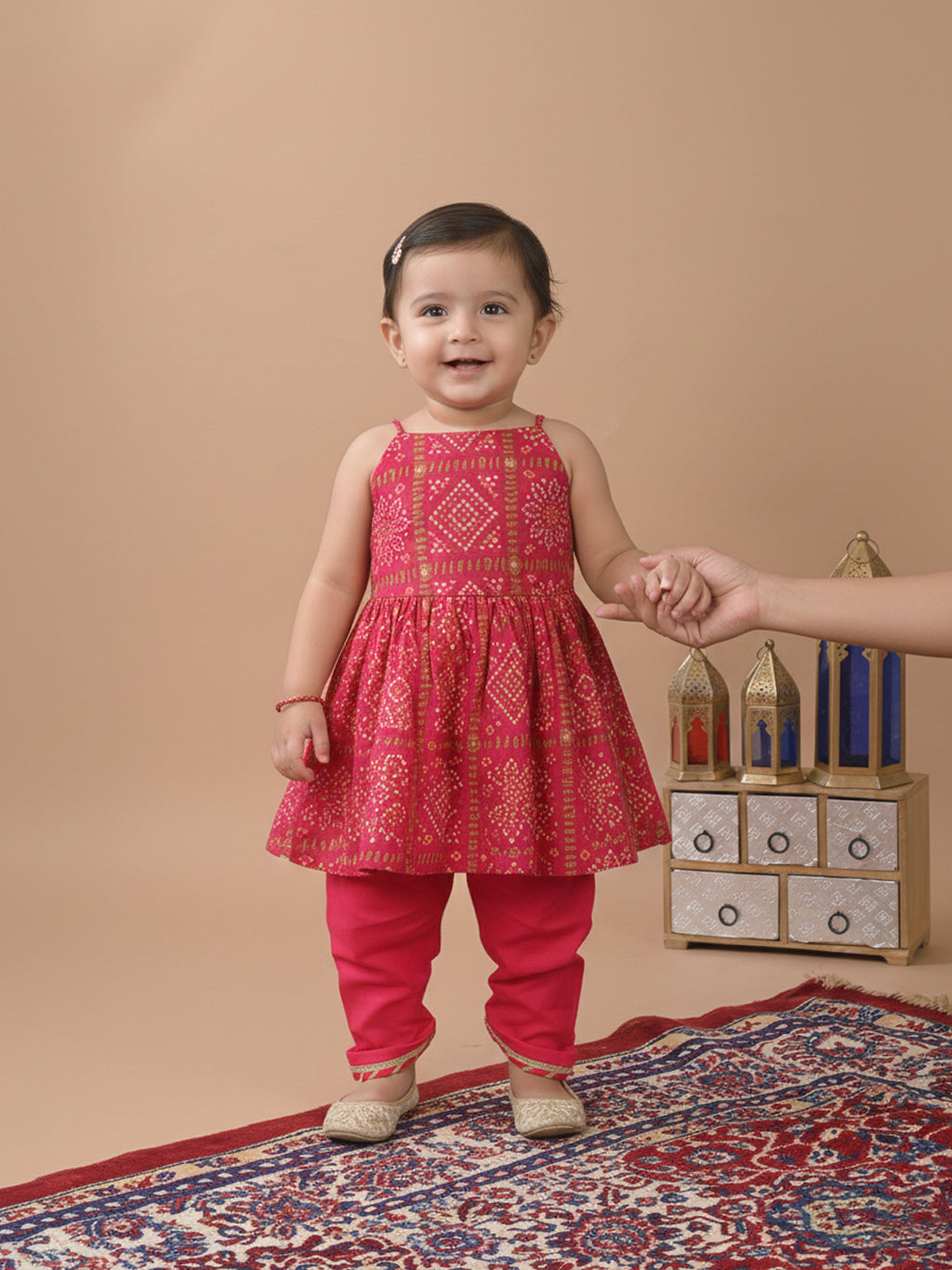Pink Sleeveless  Bandhani Designed Kurta With Dhoti Set