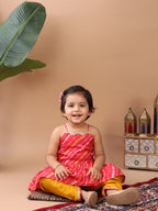 Pink Sleeveless Leheriya Designed Kurta With Yellow Dhoti Set