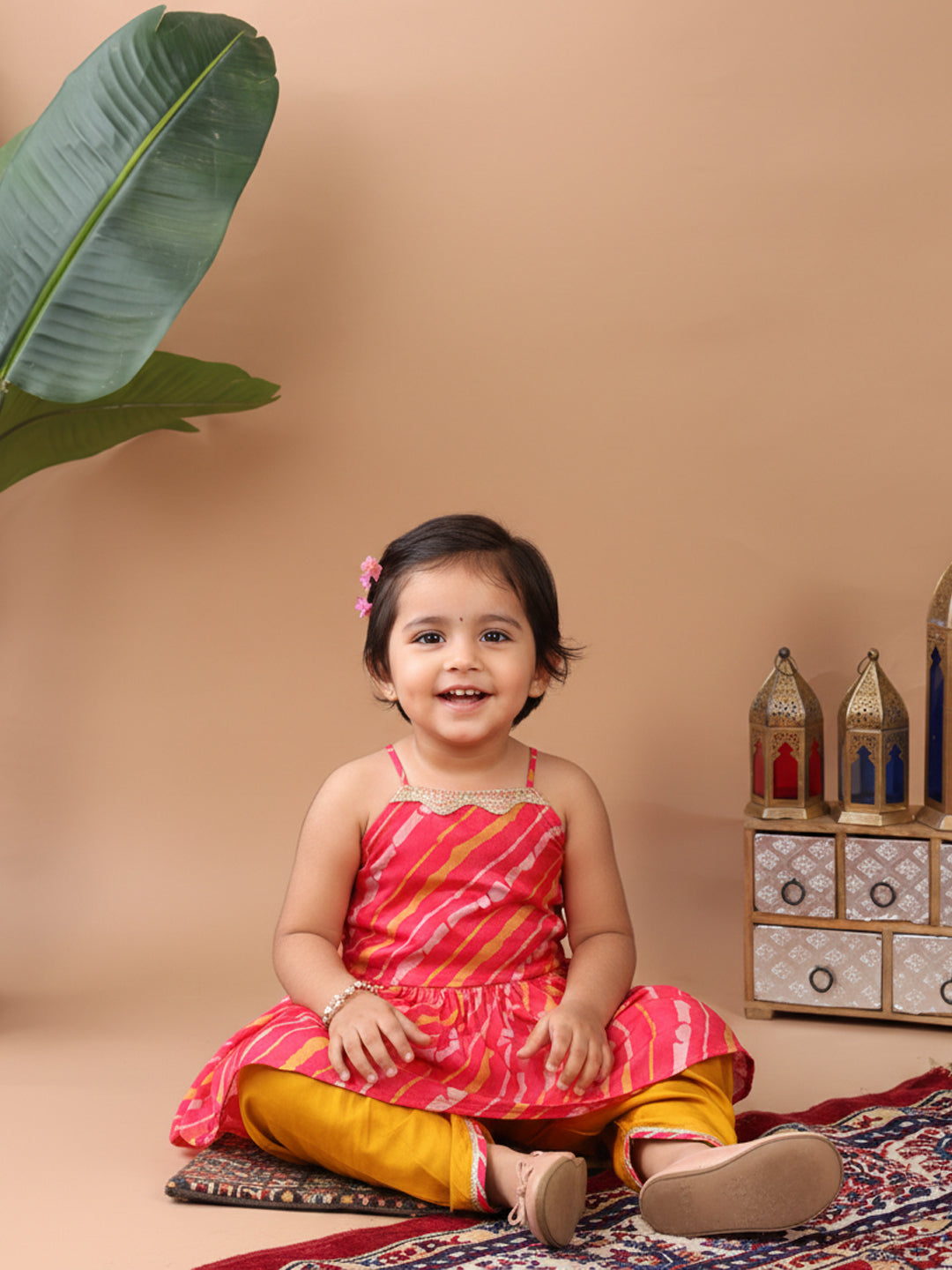 Pink Sleeveless Leheriya Designed Kurta With Yellow Dhoti Set