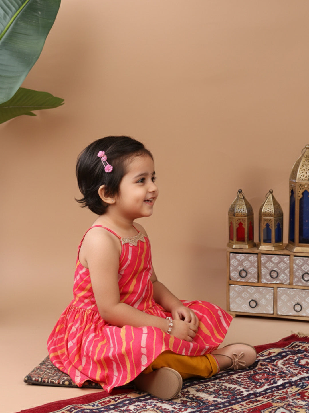 Pink Sleeveless Leheriya Designed Kurta With Yellow Dhoti Set