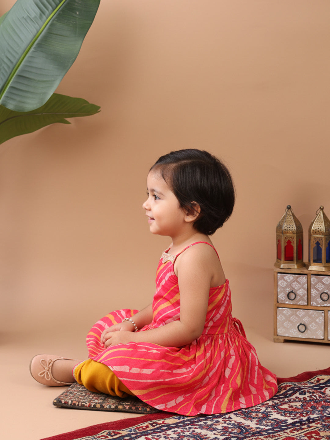 Pink Sleeveless Leheriya Designed Kurta With Yellow Dhoti Set