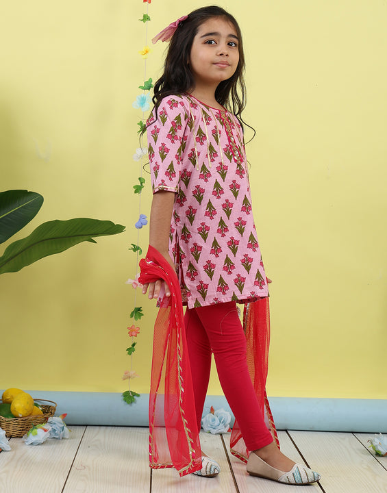 Pink 3/4 sleeves printed cotton kurti  paired with Pink leggings with Dupatta