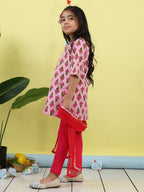 Pink 3/4 sleeves printed cotton kurti  paired with Pink leggings with Dupatta