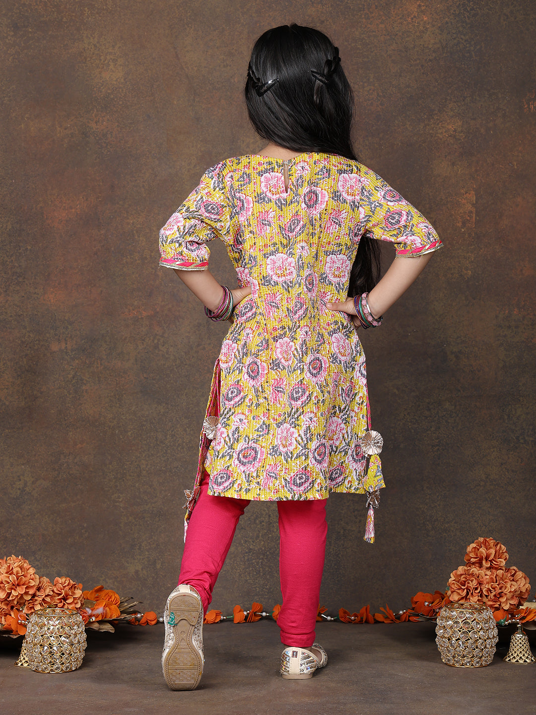 Yellow 3/4 sleeves printed Kurti with Pink Leggings
