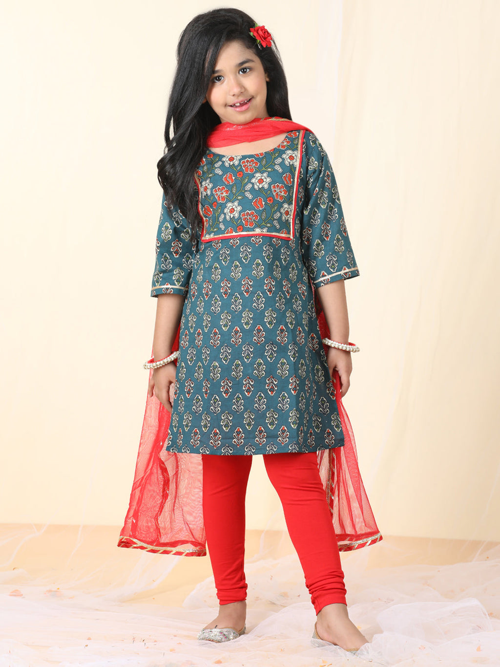 Blue & Red Kurti Legging Set