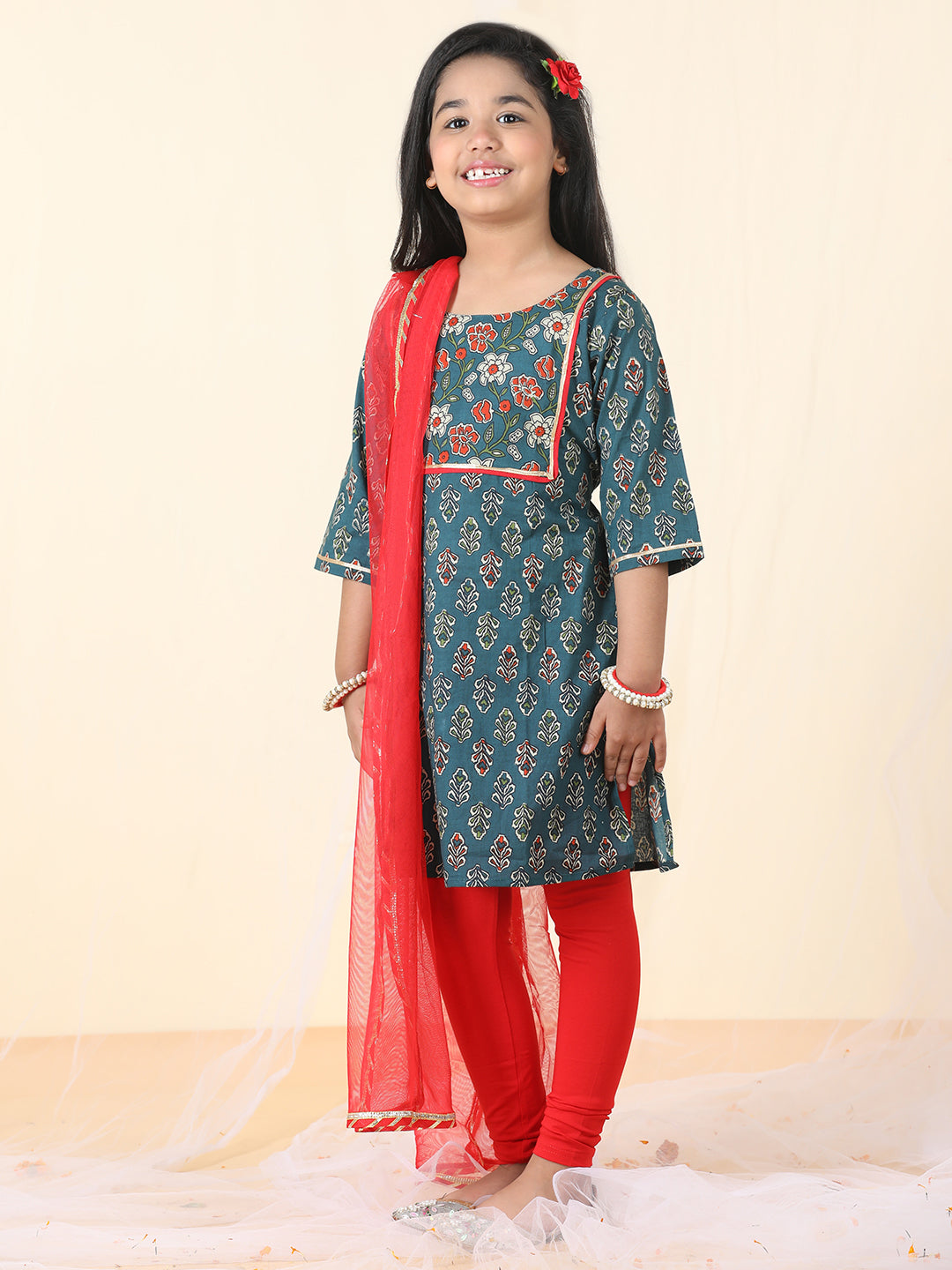 Blue & Red Kurti Legging Set