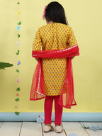Yellow 3/4 sleeves printed cotton kurti  paired with Pink leggings with Dupatta