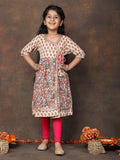 Peach 3/4 sleeves printed cotton Angrakha Kurti  paired with Pink Leggings