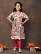 Peach 3/4 sleeves printed cotton Angrakha Kurti  paired with Pink Leggings