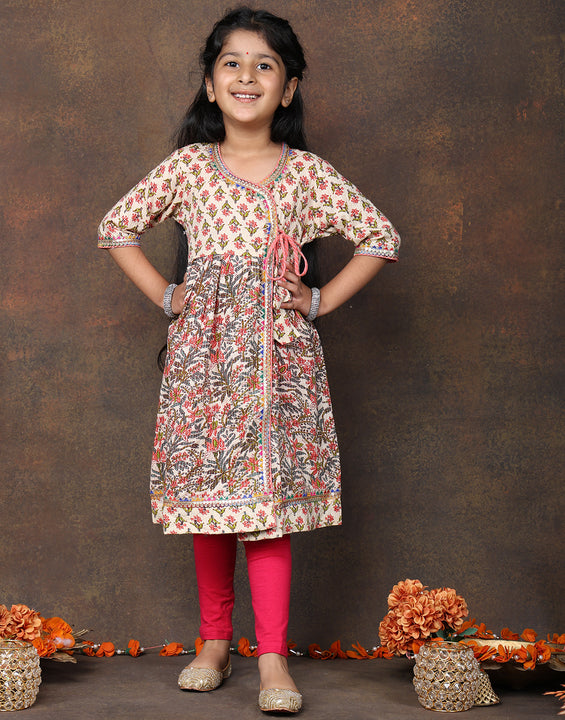 Peach 3/4 sleeves printed cotton Angrakha Kurti  paired with Pink Leggings