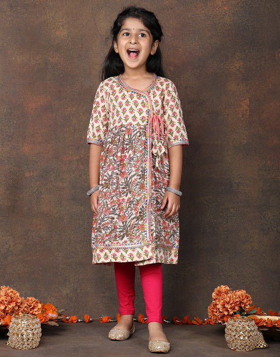 Peach 3/4 sleeves printed cotton Angrakha Kurti  paired with Pink Leggings
