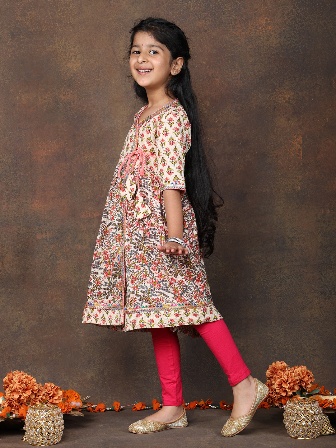 Peach 3/4 sleeves printed cotton Angrakha Kurti  paired with Pink Leggings