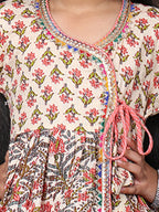 Peach 3/4 sleeves printed cotton Angrakha Kurti  paired with Pink Leggings