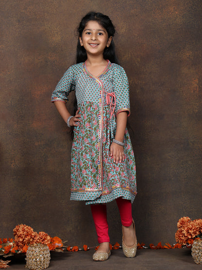 Blue 3/4 sleeves printed cotton Angrakha Kurti  paired with Peach Plazo pant and dupatta