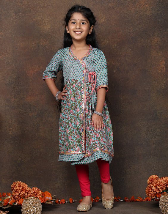 Blue 3/4 sleeves printed cotton Angrakha Kurti  paired with Peach Plazo pant and dupatta