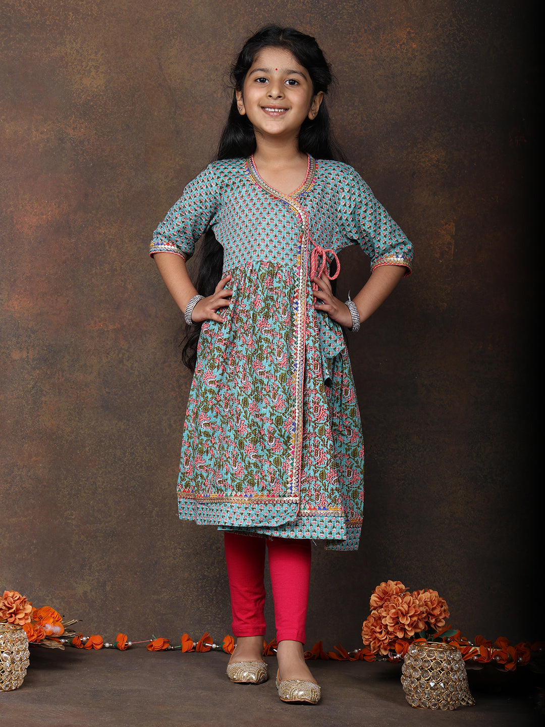 Blue 3/4 sleeves printed cotton Angrakha Kurti  paired with Pink Leggings