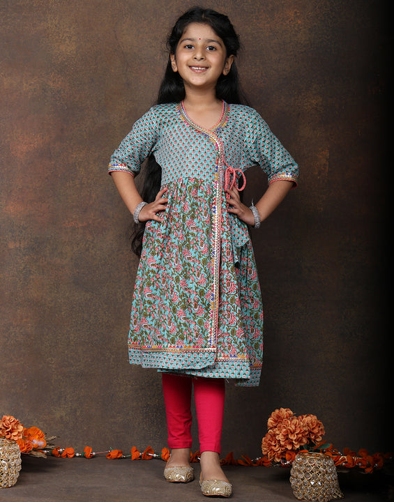 Blue 3/4 sleeves printed cotton Angrakha Kurti  paired with Peach Plazo pant and dupatta