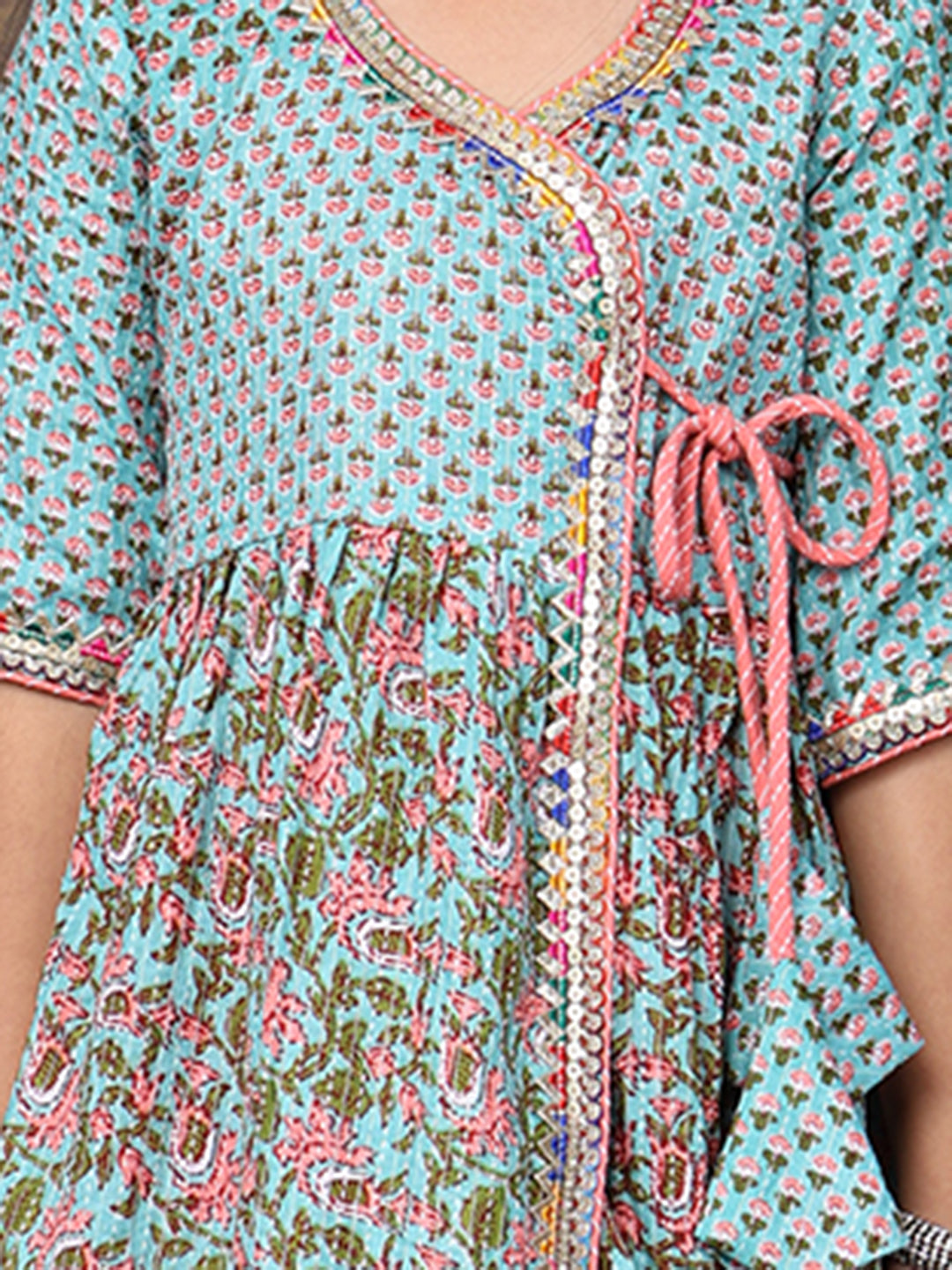 Blue 3/4 sleeves printed cotton Angrakha Kurti  paired with Peach Plazo pant and dupatta