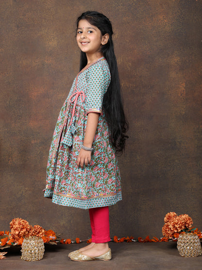 Blue 3/4 sleeves printed cotton Angrakha Kurti  paired with Peach Plazo pant and dupatta