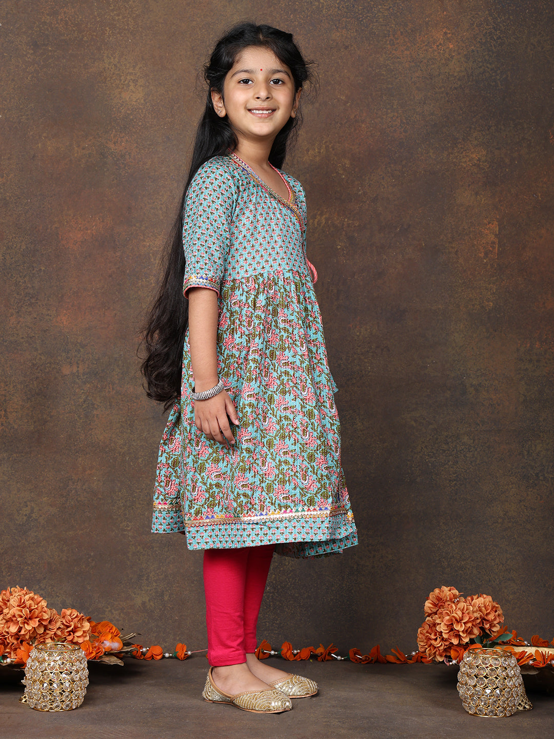 Blue 3/4 sleeves printed cotton Angrakha Kurti  paired with Peach Plazo pant and dupatta