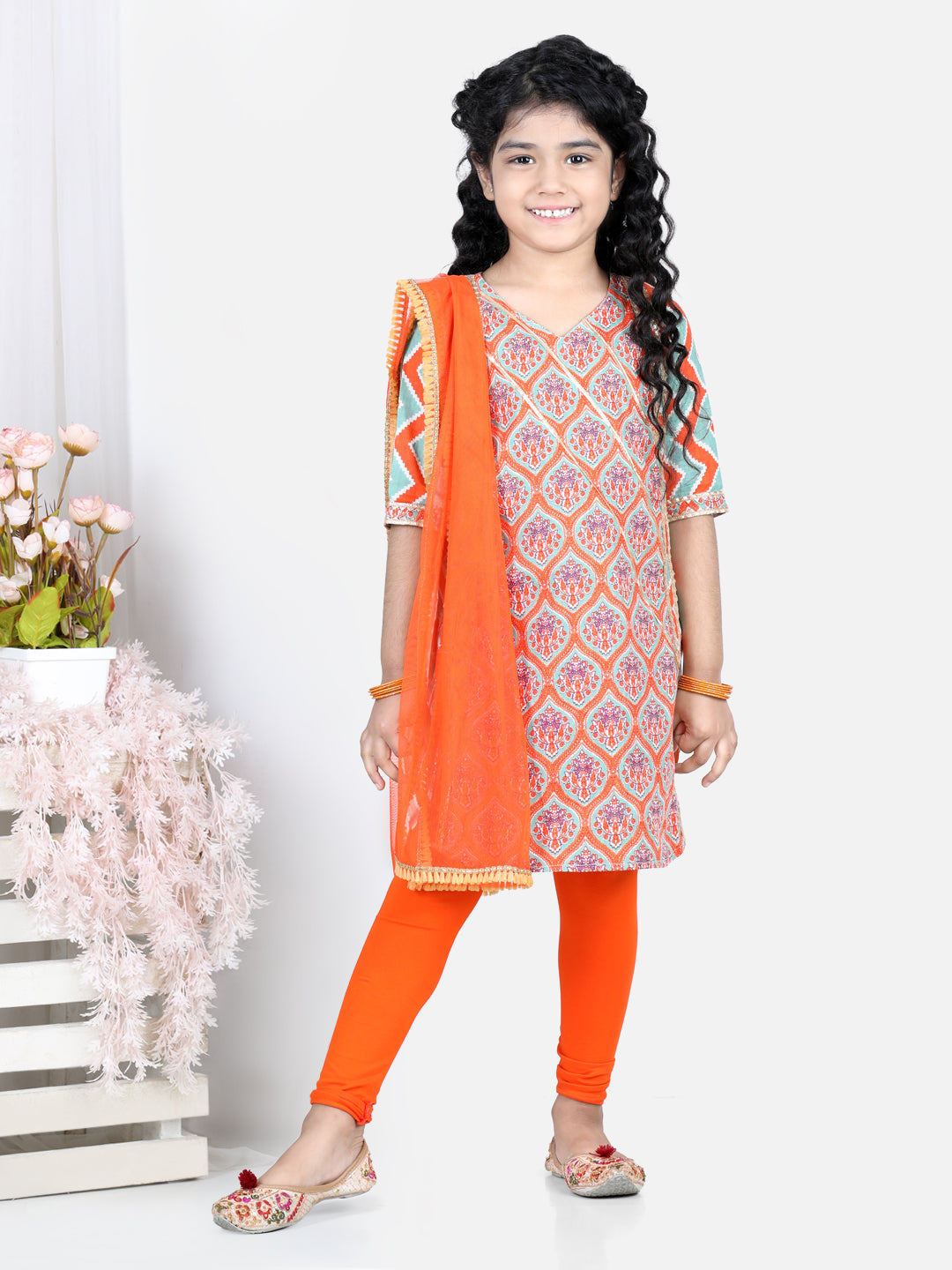 Orange Floral Printed  Kurta With Orange Leggings and Dupatta