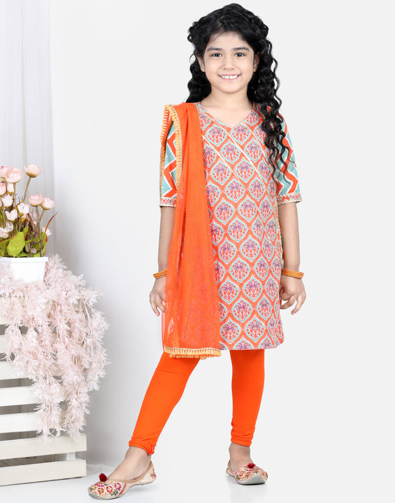 Orange Floral Printed  Kurta With Orange Leggings and Dupatta