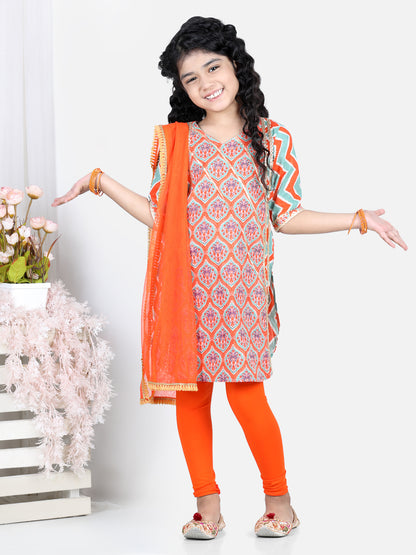 Orange Floral Printed  Kurta With Orange Leggings and Dupatta