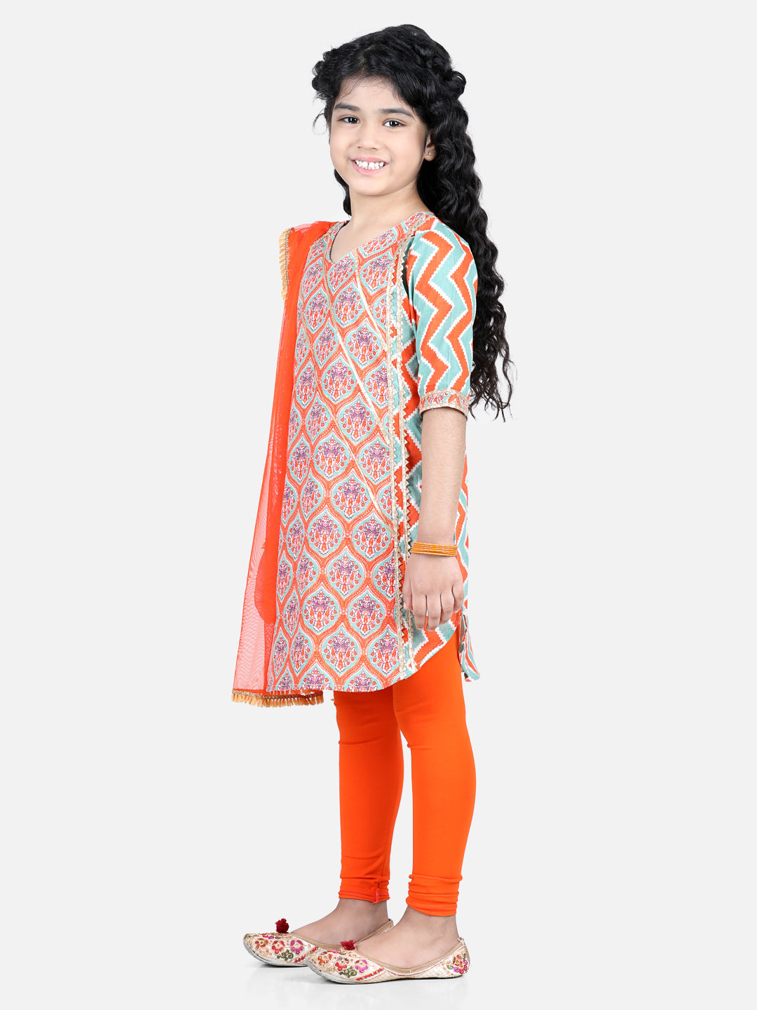 Orange Floral Printed  Kurta With Orange Leggings and Dupatta