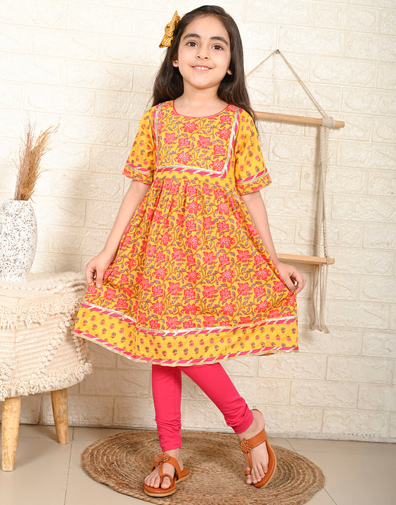 Yellow & Pink Kurti Legging Set