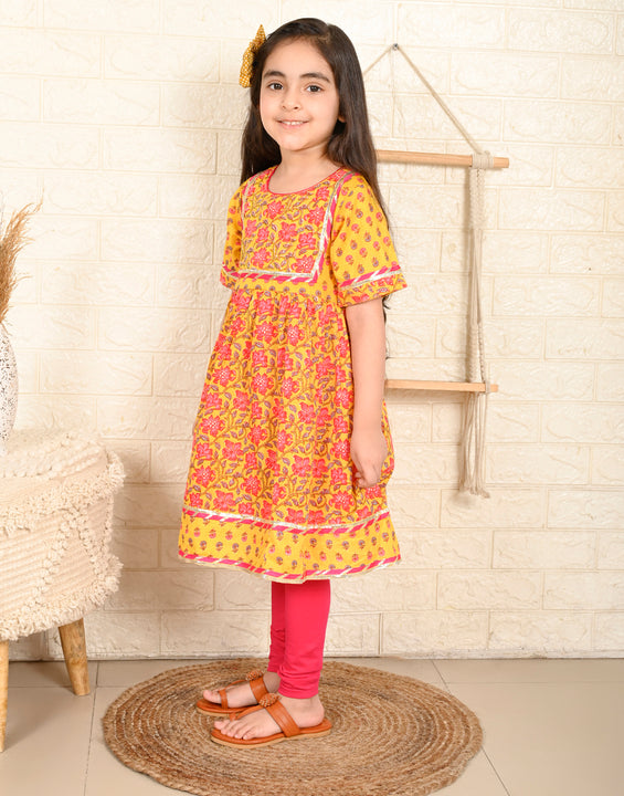 Yellow & Pink Kurti Legging Set