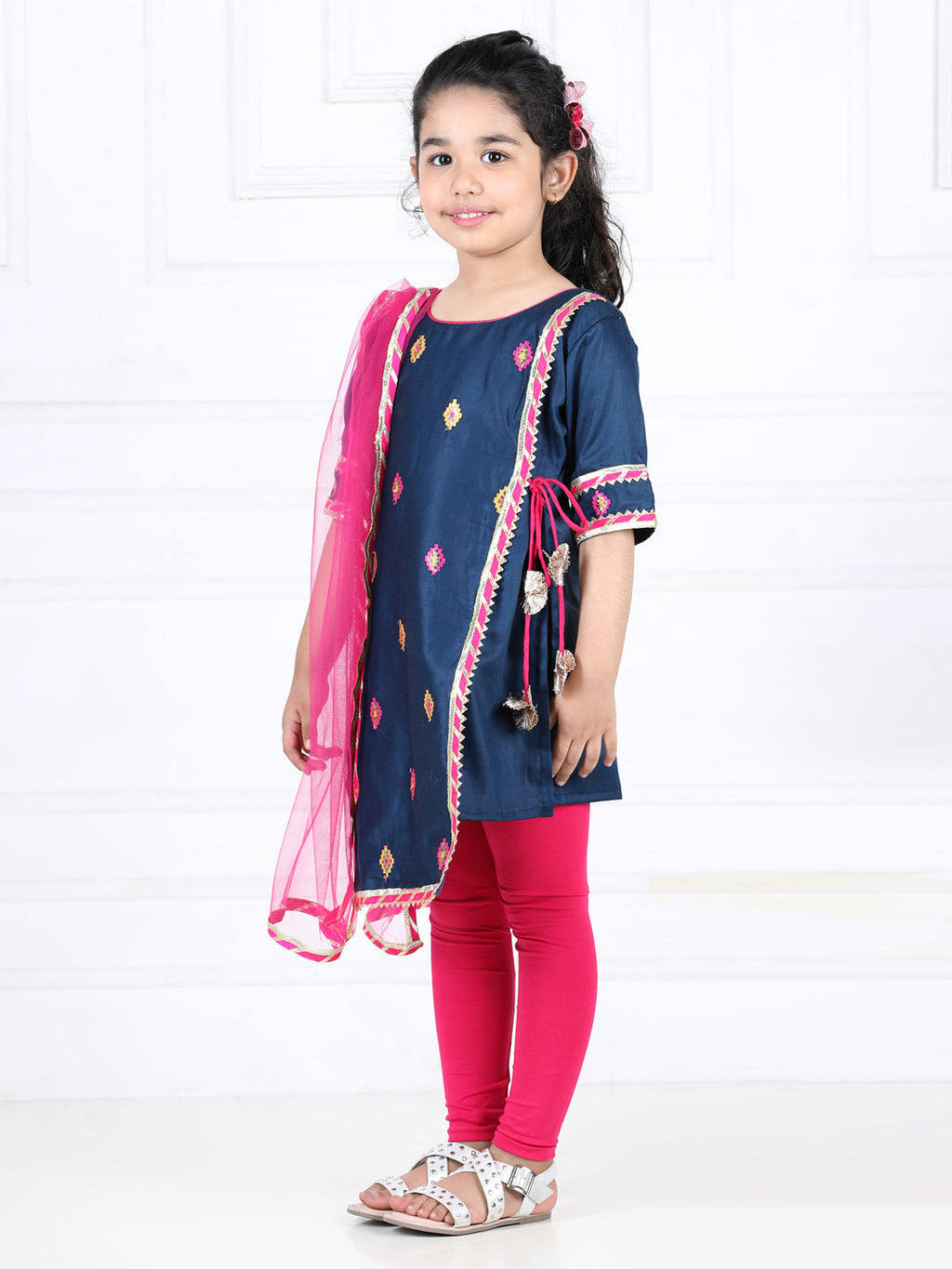 Blue embroidered gota patti detailed kurta with pink leggings and dupatta