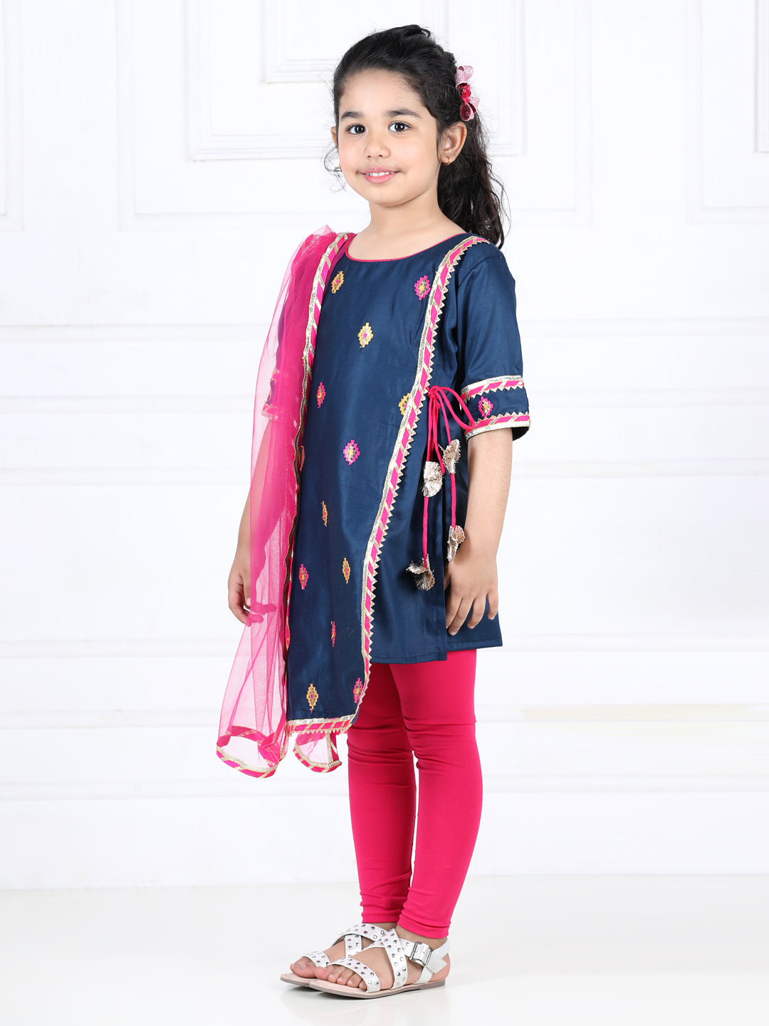 Blue embroidered gota patti detailed kurta with pink leggings and dupatta