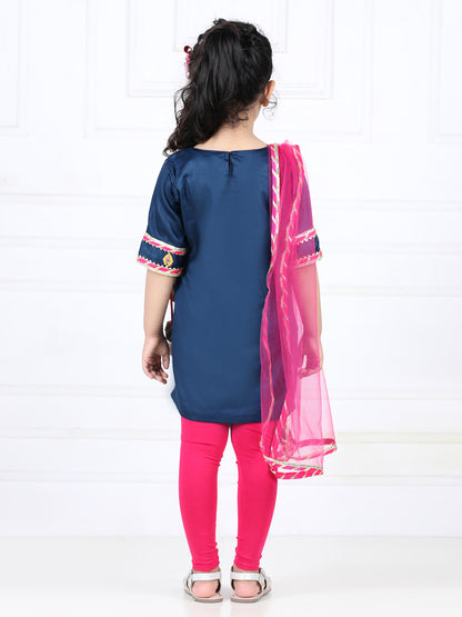 Blue embroidered gota patti detailed kurta with pink leggings and dupatta