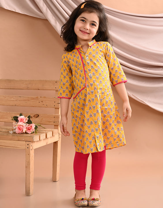 Yellow floral printed kurti with pink leggings