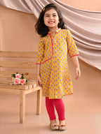 Yellow floral printed kurti with pink leggings