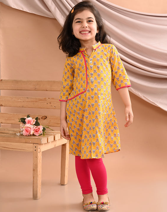 Yellow floral printed kurti with pink leggings