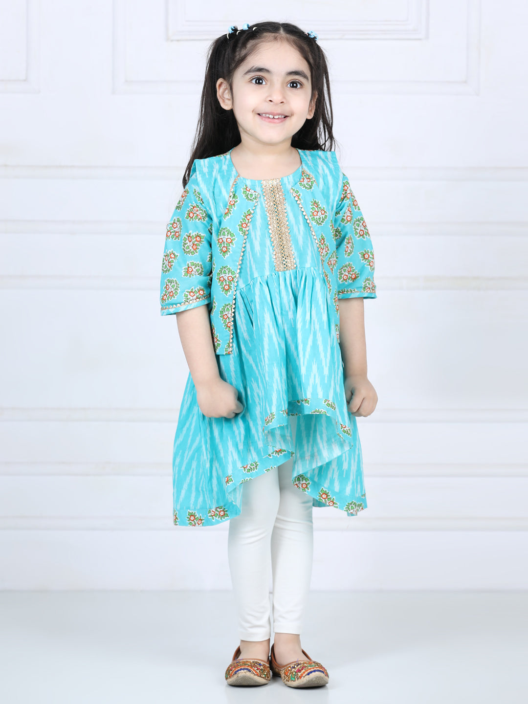 Blue printed high low pattern kurta with jacket and white leggings