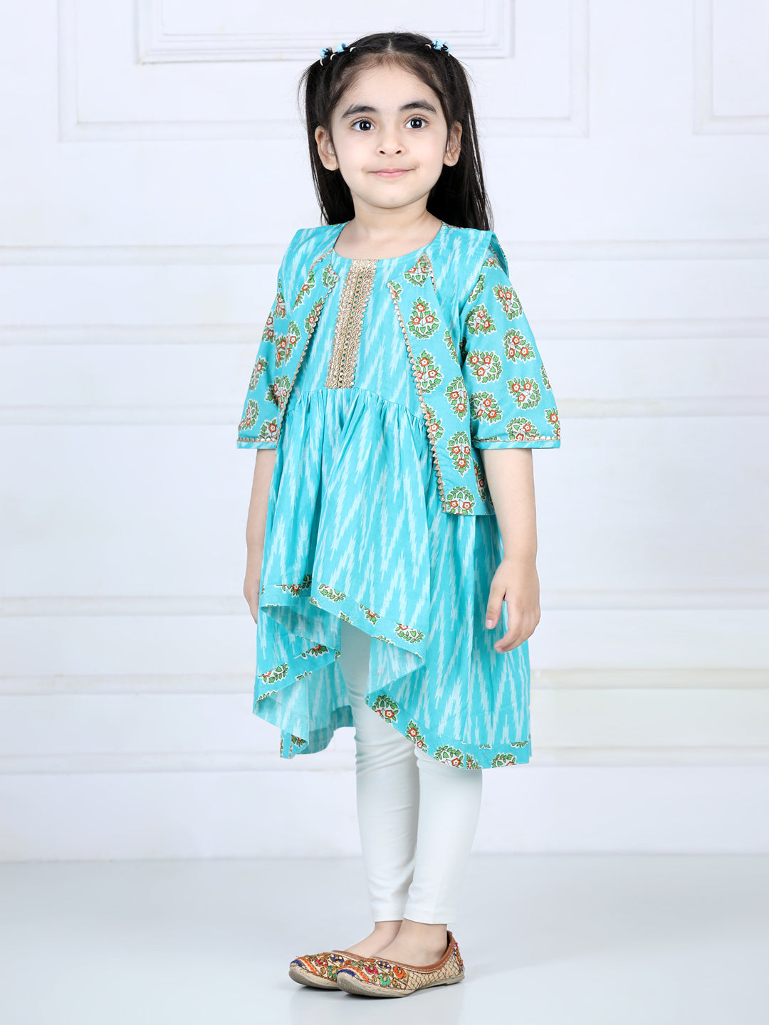 Blue printed high low pattern kurta with jacket and white leggings