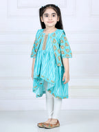 Blue printed high low pattern kurta with jacket and white leggings