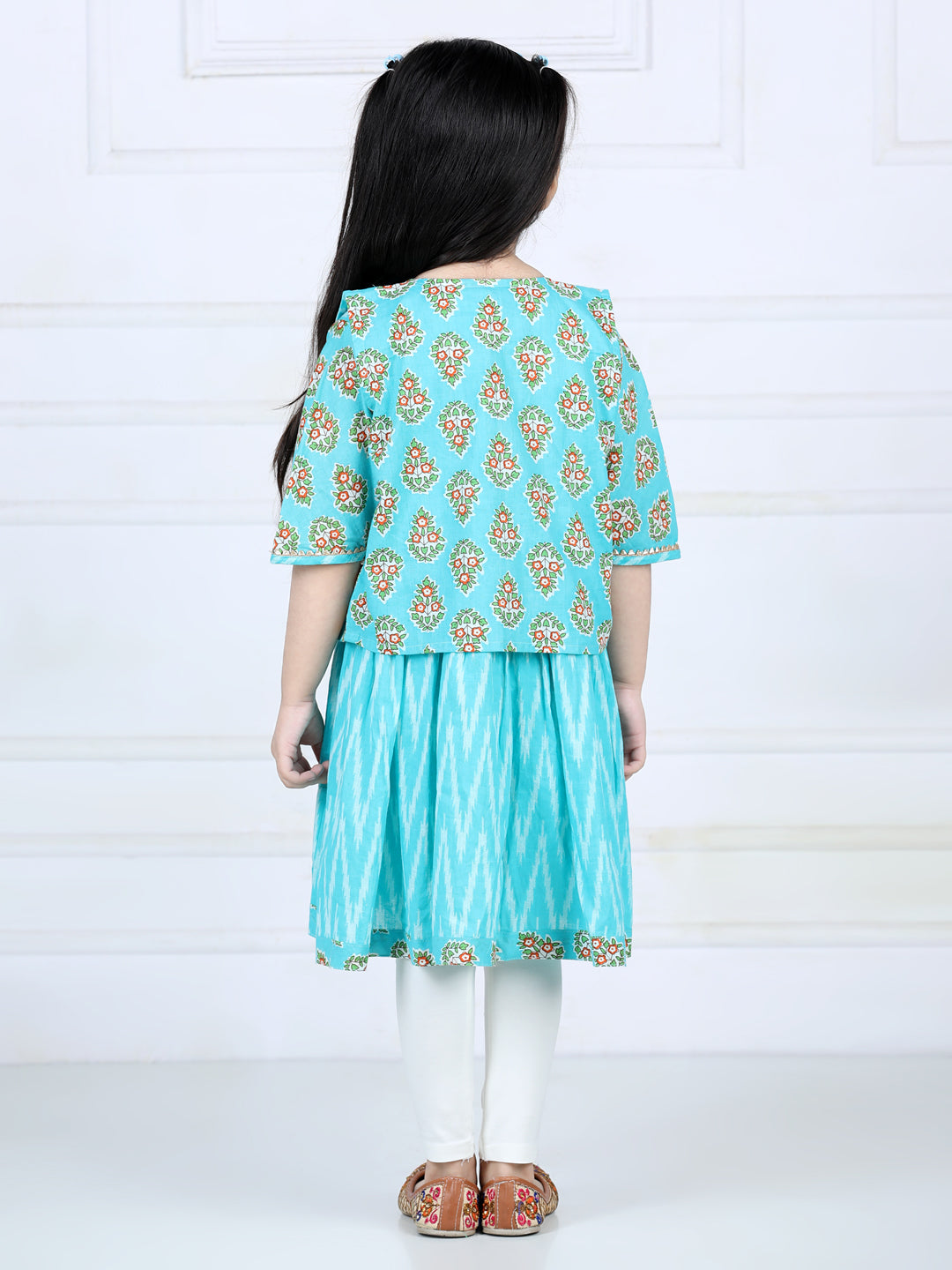 Blue printed high low pattern kurta with jacket and white leggings