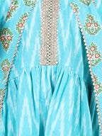 Blue printed high low pattern kurta with jacket and white leggings