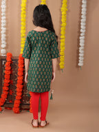 Green 3/4 sleeves printed cotton kurti with Red leggings