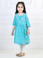 Blue printed angrakha style kurti with white leggings