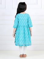 Blue printed angrakha style kurti with white leggings