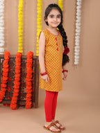 Yellow sleeveless cotton  kurti with Red leggings